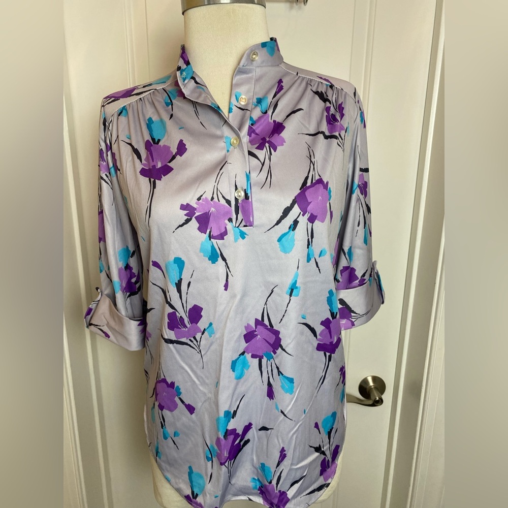 Vintage Lind Clare Grey & Purple Floral Blouse Women’s Medium Silky